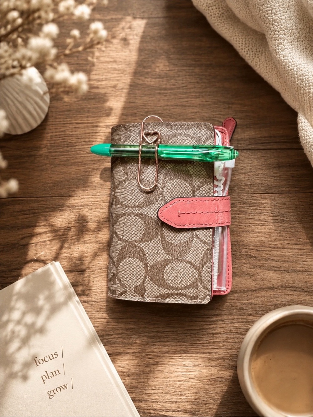 Coach Brown Signature Canvas Mini Organizer with Pink Trim